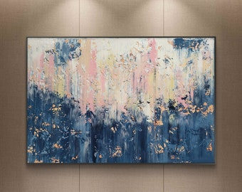 Large Abstract Acrylic Painting on Canvas: Blue, Pink, Gold Wall Art (150x100cm)