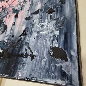 May include: Abstract painting with a mix of black, white, and pink paint. The painting has a textured surface and is signed "Senchenko" in the bottom right corner.