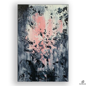 May include: Abstract painting with a pink, white, and gray color scheme. The painting has a textured surface and a variety of brushstrokes.