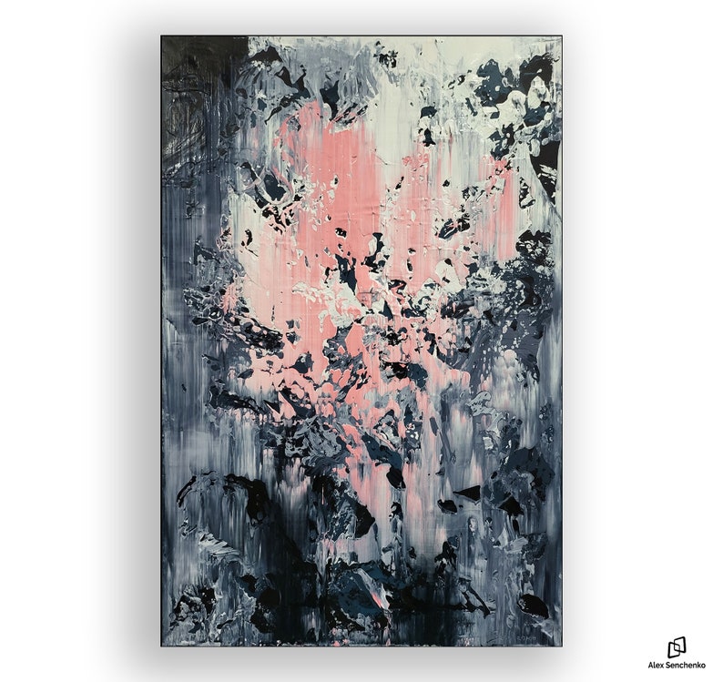 May include: Abstract painting with a pink, white, and gray color scheme. The painting has a textured surface and a variety of brushstrokes.