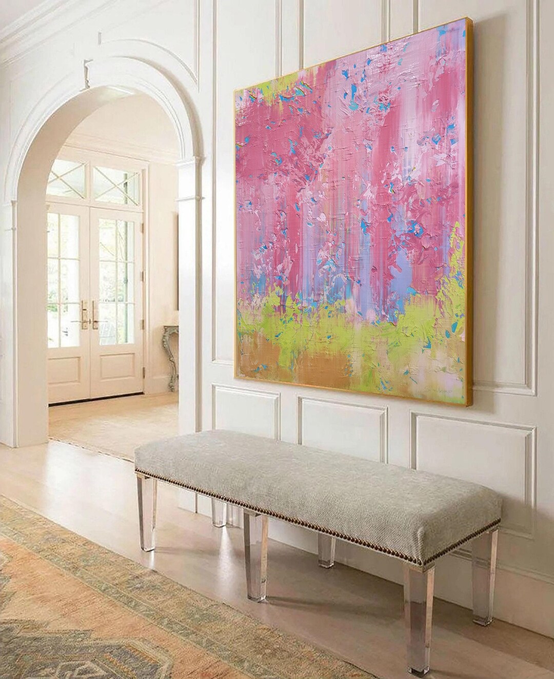 大型抽象アクリル画：ピンク、ブルー、アースカラー（120 x 100 cm