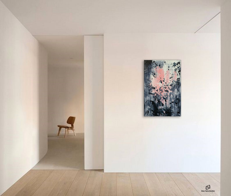 May include: Abstract painting with pink, white, and gray colors. The painting is hanging on a white wall in a modern room.
