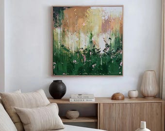 Original Abstract Acrylic Painting: Green Landscape Wall Art (100x100cm)