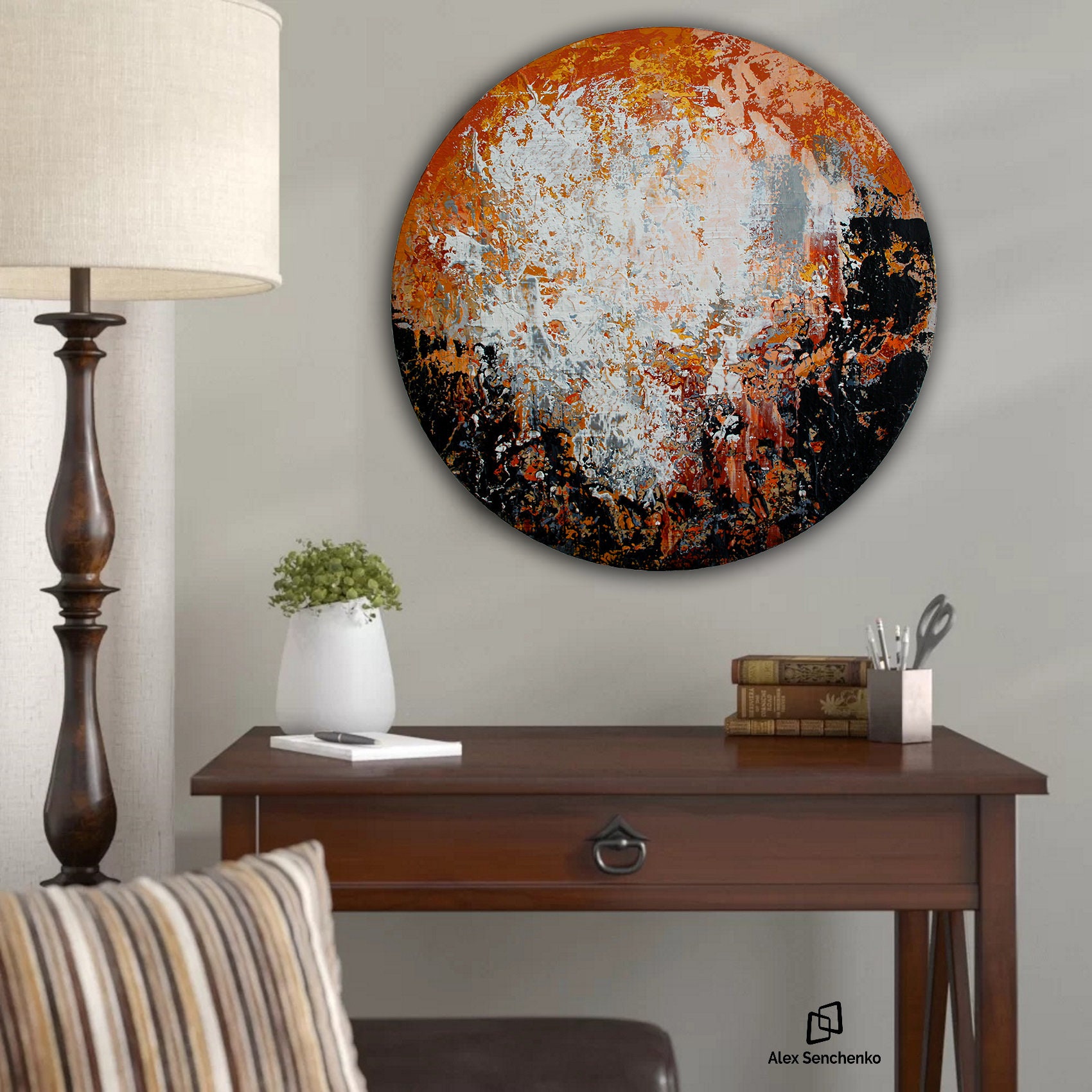 Abstract painting on round stretched canvas. Original Abstract Painting