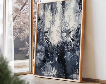 Large Abstract Acrylic Painting: Black, White, Gray Canvas Wall Art