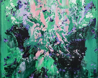 緑の抽象画：大型オリジナルアクリルキャンバスウォールアート（47x39