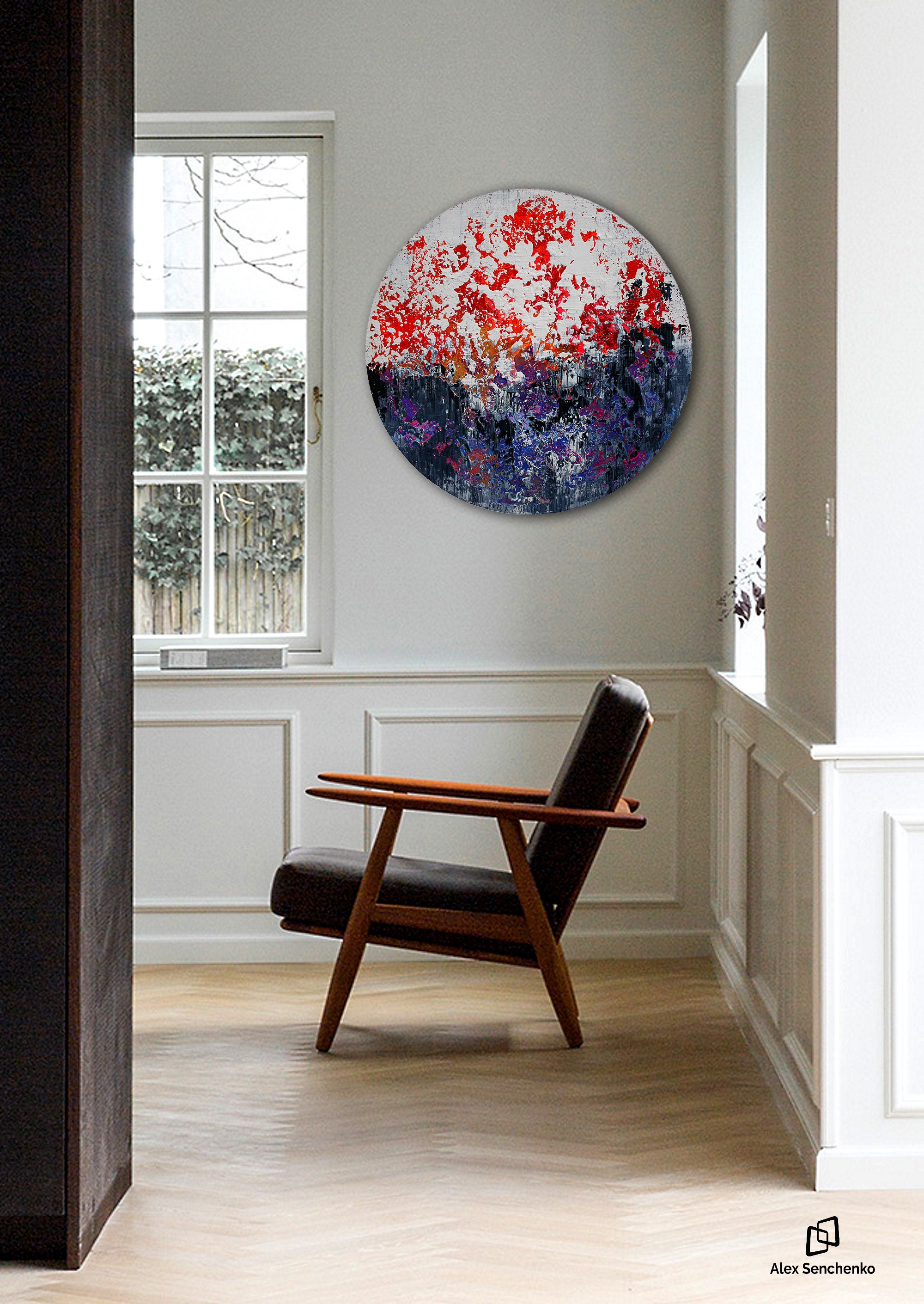 Circular abstract acrylic painting on round stretched canvas. Original