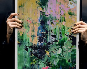 Pintura abstracta acrílica original: Arte mural moderno con técnica de empaste verde (60 x 42 cm)
