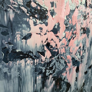 May include: Abstract painting with a mix of black, white, and pink paint. The paint is applied in thick layers, creating a textured surface.