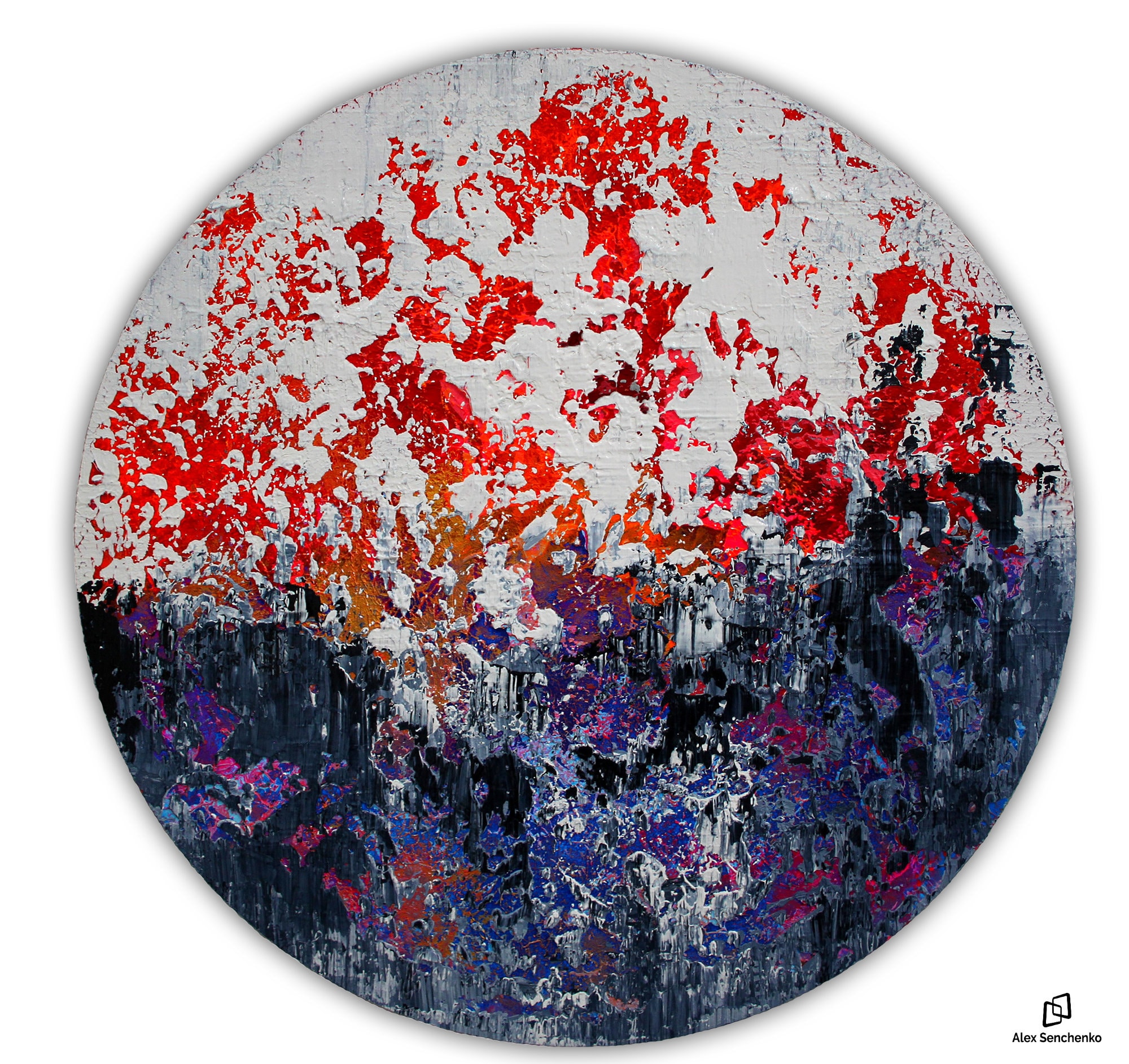 Circular abstract acrylic painting on round stretched canvas. Original