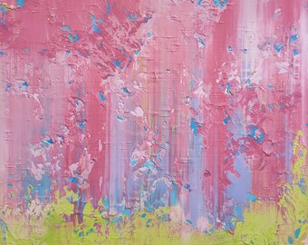 大型抽象アクリル画：ピンク、ブルー、アースカラー（120 x 100