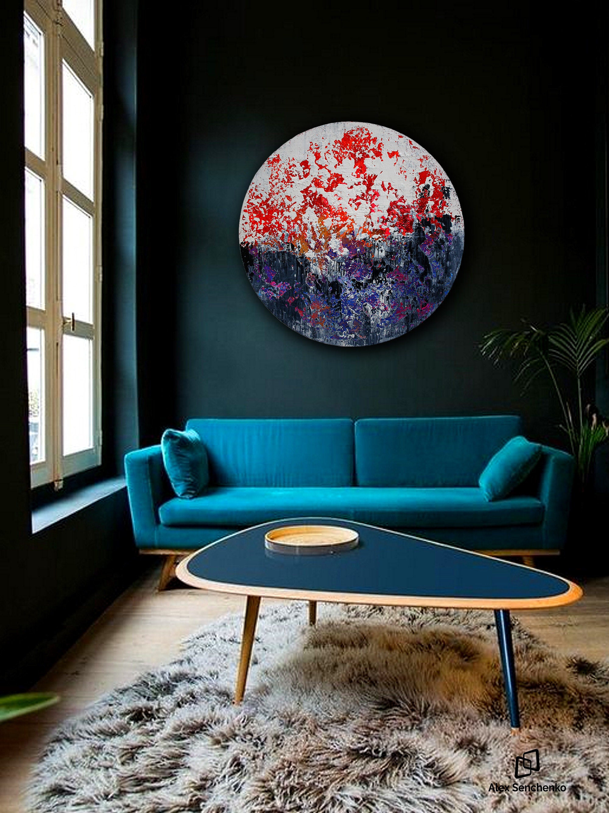 Circular abstract acrylic painting on round stretched canvas. Original