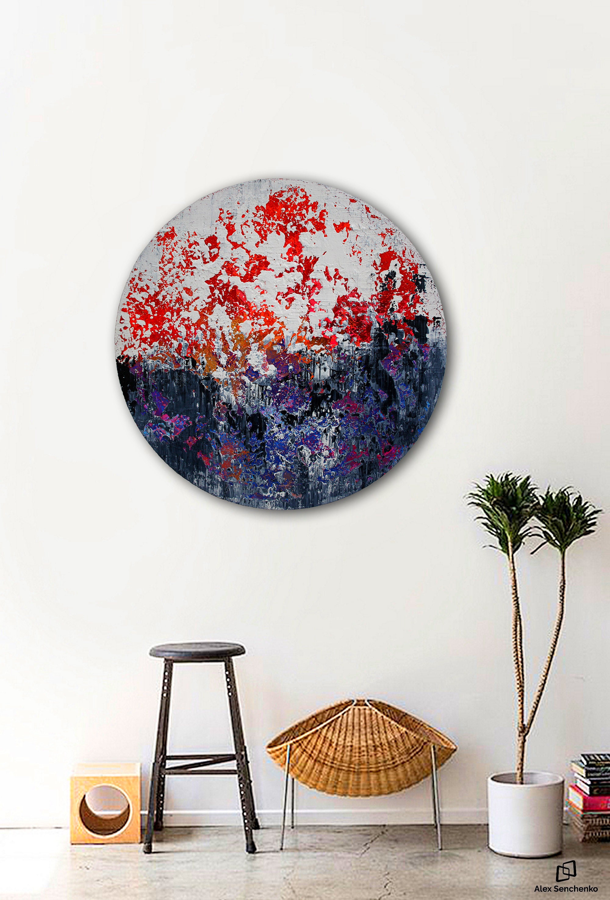 Circular abstract acrylic painting on round stretched canvas. Original Abstract Painting On