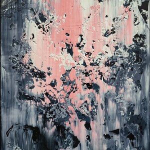 May include: Abstract painting with pink, white, and gray paint splatters and brushstrokes. The painting has a textured surface and a dark background.