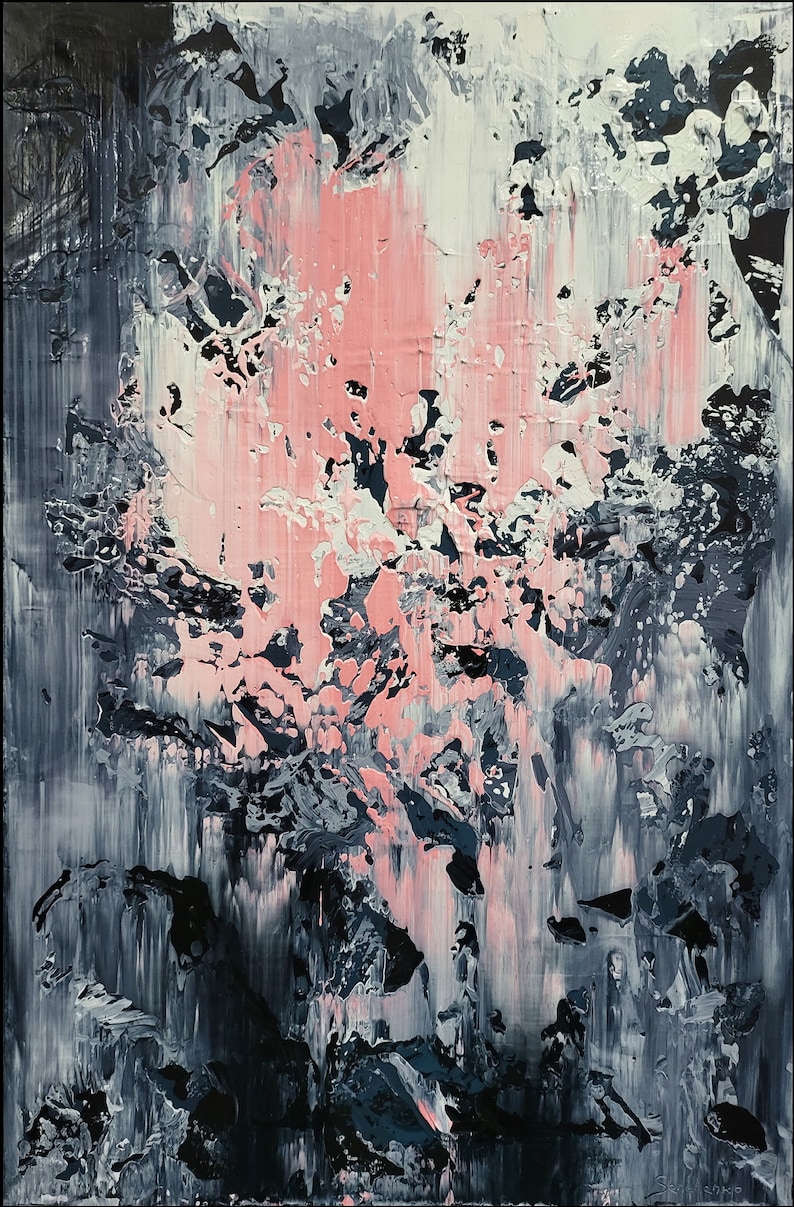 May include: Abstract painting with pink, white, and gray paint splatters and brushstrokes. The painting has a textured surface and a dark background.