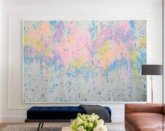 Large Abstract Acrylic Painting: Pink & Blue Home Decor Art (230x140cm)