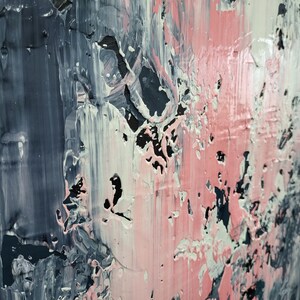 May include: Abstract painting with thick layers of pink, white, and gray paint. The paint is applied in a textured, layered style, creating a dynamic and expressive piece.