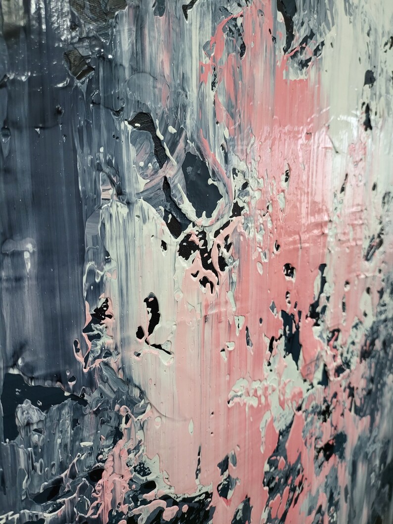 May include: Abstract painting with thick layers of pink, white, and gray paint. The paint is applied in a textured, layered style, creating a dynamic and expressive piece.
