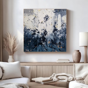 Large Abstract Canvas Painting: Blue, Grey, Gold Acrylic Art (100x100cm)