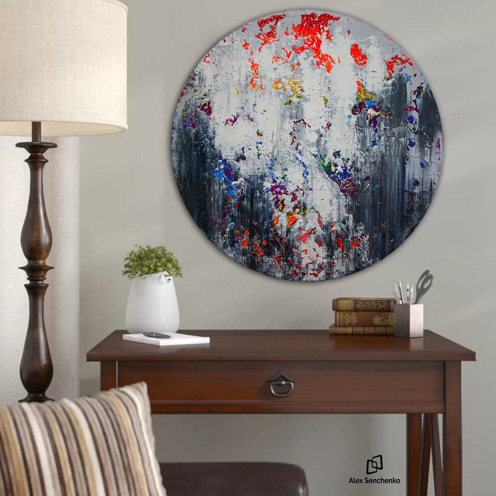 Abstract painting on round stretched canvas. Original Abstract Painting