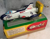 Vintage Linemar Japan Marx Tin Navy Friction Rocket Shooting Jet NIB