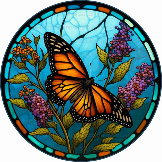 Round Faux Stained Glass Butterfly With Blue Background Wreath - Etsy