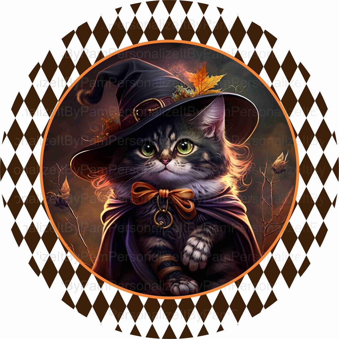 Round Halloween Black Cat Wreath Sign, Halloween Wreath Sign, Personalize It By Pam, Door Decor