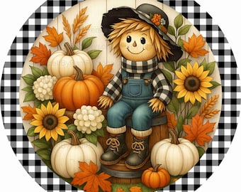 Round Fall  Scarecrow Wreath Sign, Fall  Wreath Sign, Fall Florals,Personalize it by Pam, Signs for Wreaths, Door Decor 2506252
