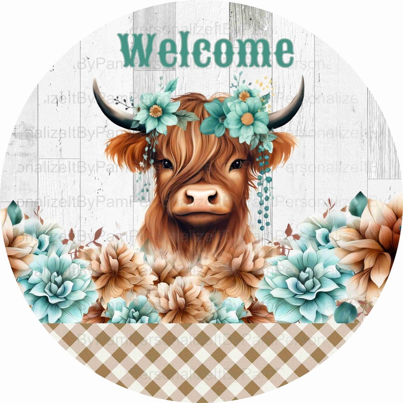 Highland Cow Welcome wreath sign, Highland Cow Wreath sign, metal wreath sign, round wreath sign Personalize it by Pam Wreath Signs 2312252 image 1