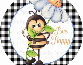 8" Round Bee Happy Wreath Sign, Summer Wreath Sign, Personalize it by Pam, Wreath Signs, Signs for Wreaths