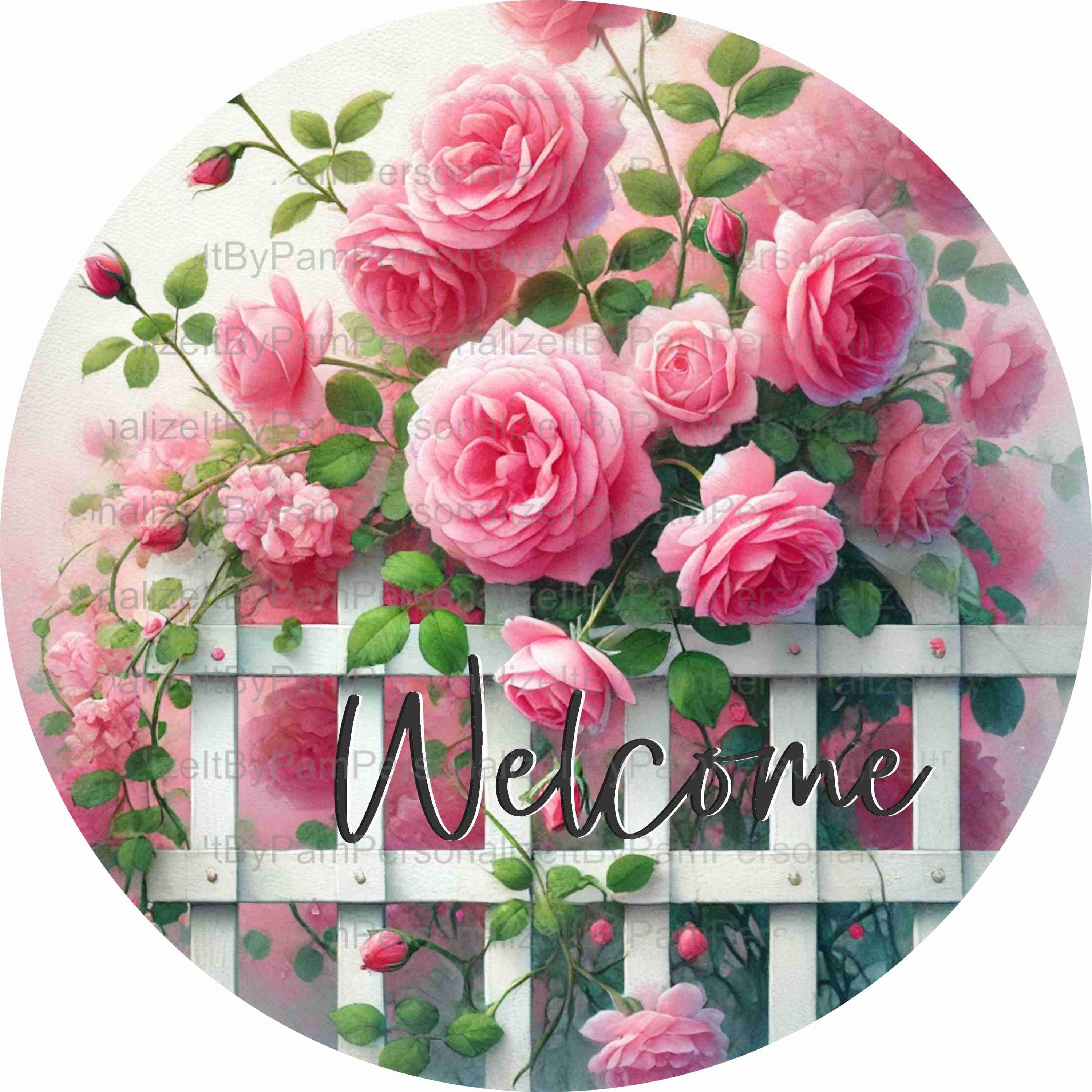 Round Pink Roses Welcome Wreath Sign, UV Metal Wreath Sign, Personalize ...