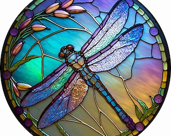 Round Faux Stained Glass Dragonfly Wreath Sign, Welcome Wreath