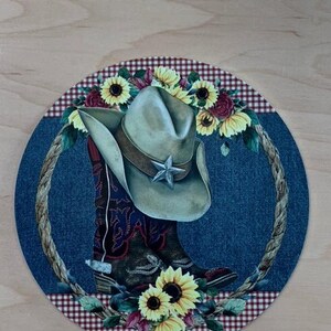Western Sunflower and Boots wreath sign, metal wreath sign, signs for wreaths,  Sunflower Wreath Sign, Personalize it by Pam