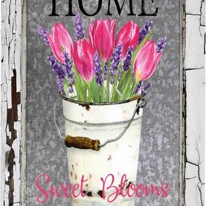 Home Sweet Bloom Farmhouse Wreath Sign, Summer Wreath Sign, Farmhouse Sign, Personalize it by Pam, Door Decor, Galvanized Sign, Tulips Sign