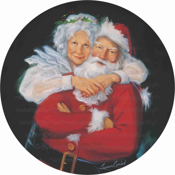 Round Mr. & Mrs. Claus Wreath Sign, Christmas Wreath Sign,  Personalize it by Pam, Signs for Wreaths, Door Decor