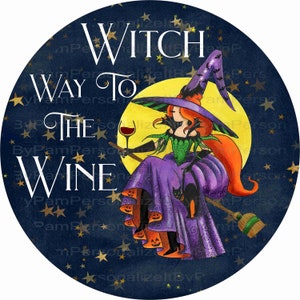 Round Halloween Wreath Sign, Halloween Sign, Witch Way To The Wine Wreath Sign, Personalize it by Pam, Signs for Wreaths