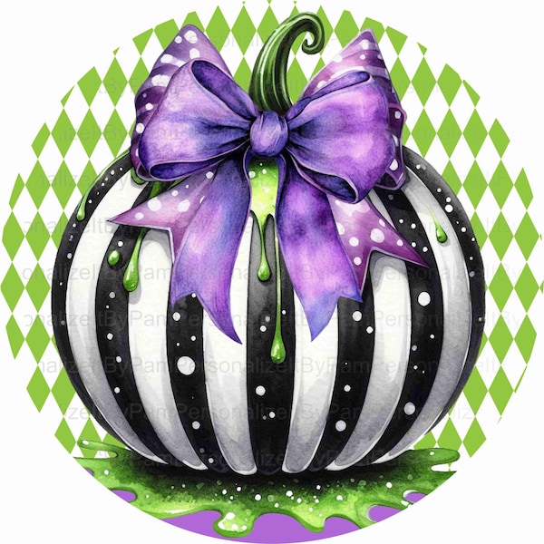 Round Halloween Purple Lime Green Pumpkin Wreath Sign, Halloween Wreath Sign, Personalize it by Pam, Signs for Wreaths, Door Decor 2508262