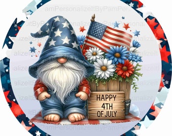 Round Patriotic Gnome Wreath Sign, 4th of July Gnome Wreath Sign, Gnome Sign, Personalize it by Pam, Wreath Signs, 2403181