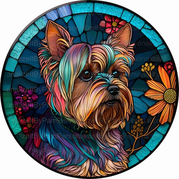 Faux Stained Glass Yorkie Wreath Sign, Metal  Wreath Sign, Dog Wreath Sign,Personalize it by Pam, Signs for Wreaths