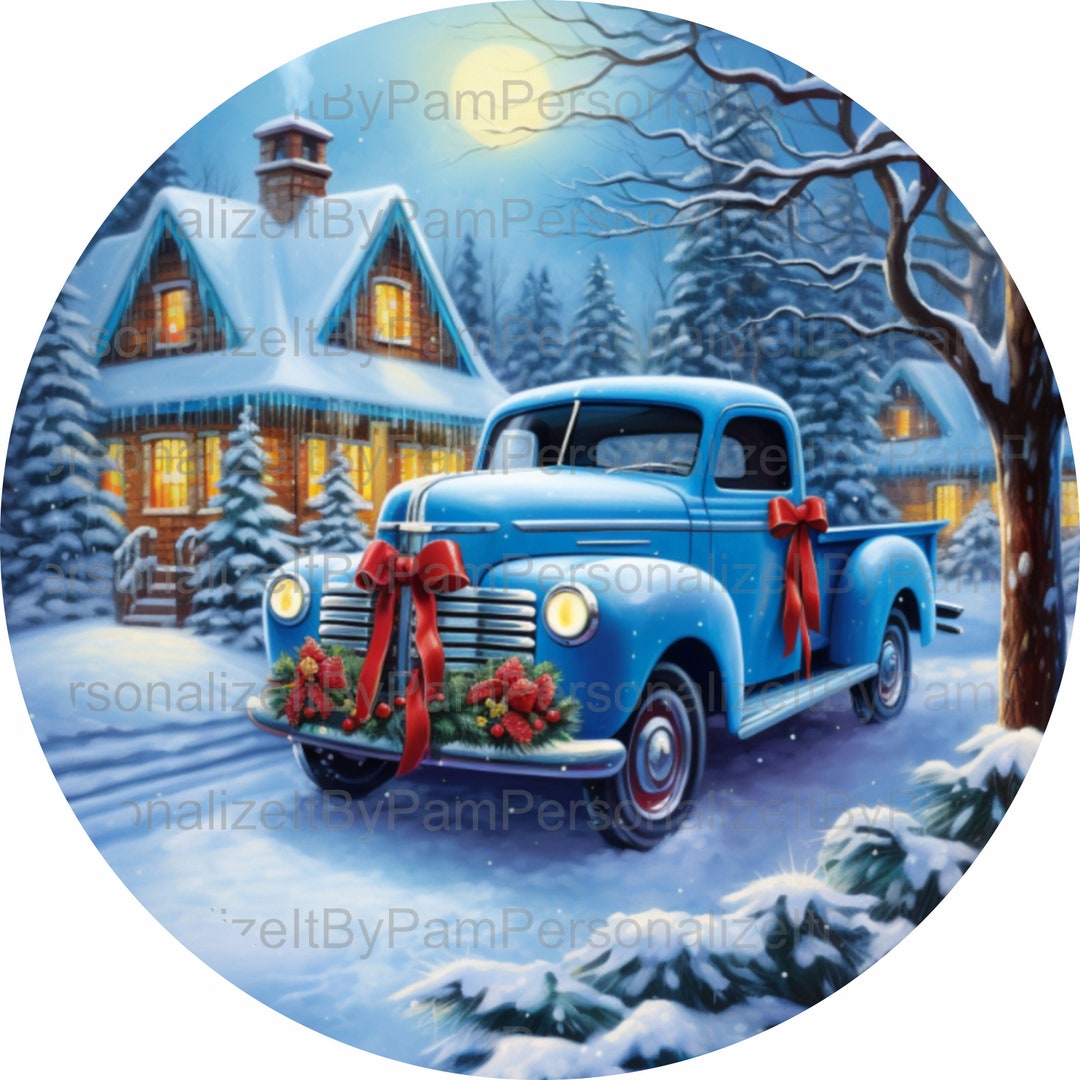 Round Blue Christmas Truck Wreath Sign, UV Protected Metal Wreath Sign ...