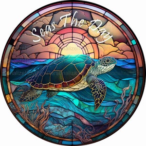 Round Faux Stained Glass Sea Turtle  Wreath Sign, Coastal  Wreath Sign, Personalize it by Pam, Door Decor, Signs for Wreaths