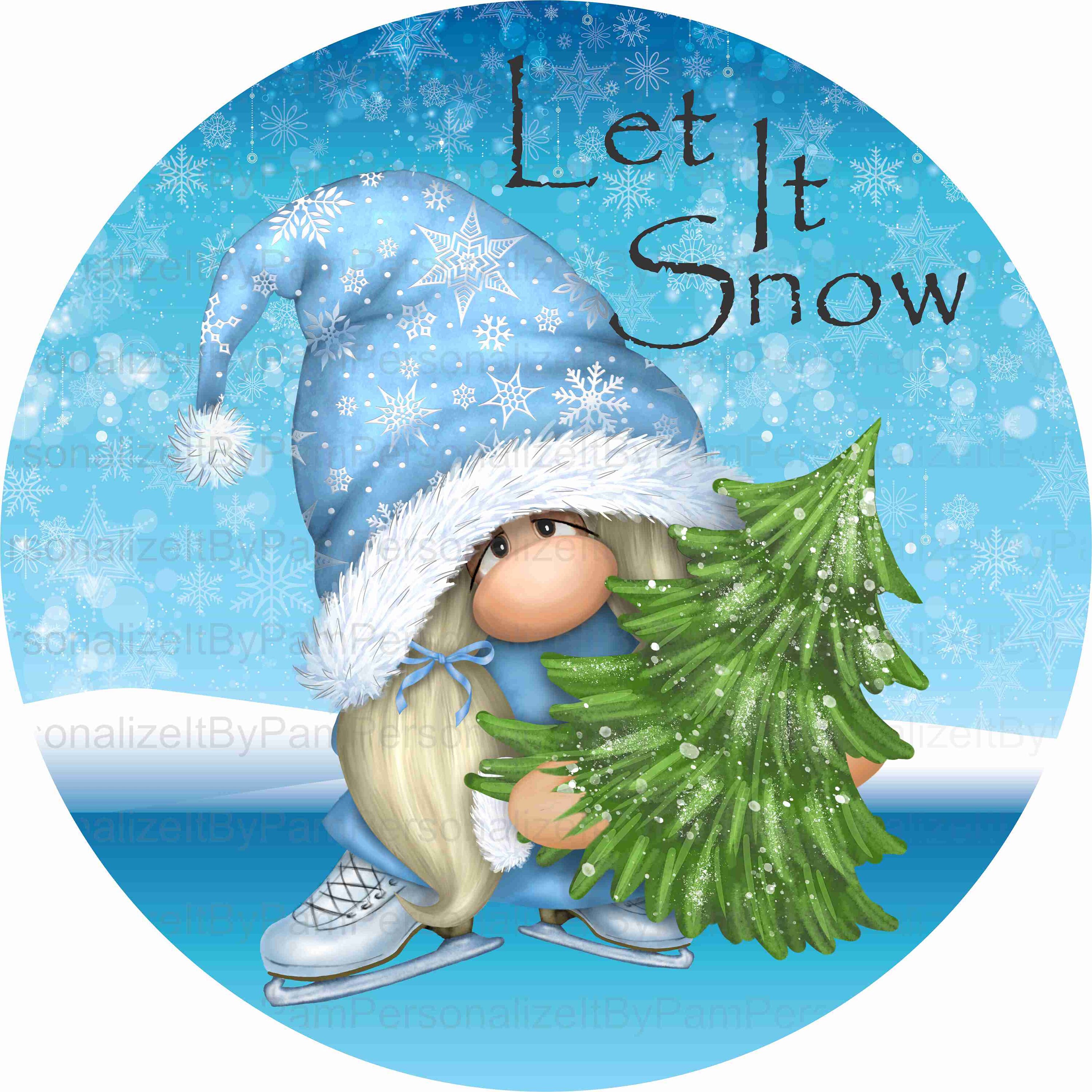 Let It Snow Ice Skating Gnome Wreath Sign,Personalize it by Pam, Winter Gnome Wreath Sign