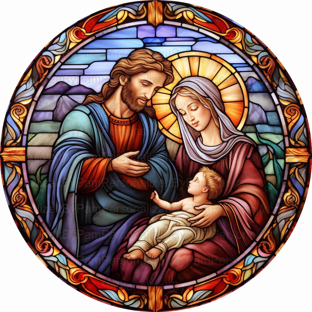 Round Faux Stained Glass Nativity Wreath Sign, UV Protected Metal
