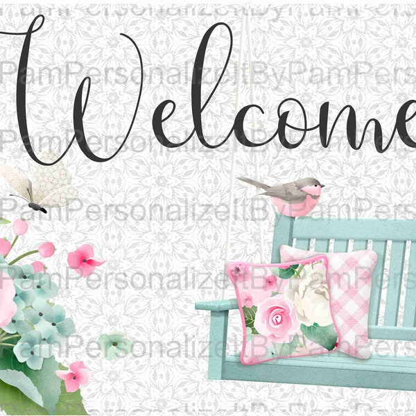 Signo de corona de bienvenida, signo de corona floral, personalizarlo por Pam, señales de guiñada, decoración de la puerta