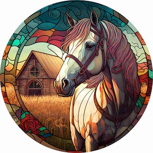 11.75&quot; Round Faux Stained Glass Horse Wreath Sign, Metal Wreath Sign, Personalize it by Pam, Signs for Wreath, Door Decor