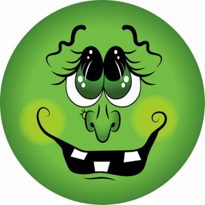May include: A cartoon illustration of a green face with a wide smile, large eyes, and a long nose. The face is round with a gradient of light and dark green. The eyes are black with white highlights and long eyelashes.