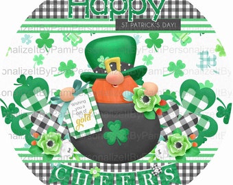 Round St. Patrick's Day Wreath Sign, St. Patrick's Day Gnome Wreath Sign, Personalize it by Pam, Signs for Wreaths