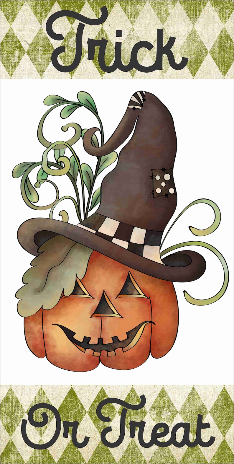 May include: A Halloween-themed illustration featuring a jack-o'-lantern with a witch's hat. The pumpkin has a mischievous grin and is surrounded by green vines. The text "Trick or Treat" is displayed above and below the pumpkin.