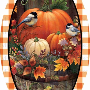 May include: A fall-themed illustration featuring a wooden barrel filled with pumpkins and gourds. The barrel is surrounded by colorful autumn leaves and berries. Two small birds are perched on the pumpkins.