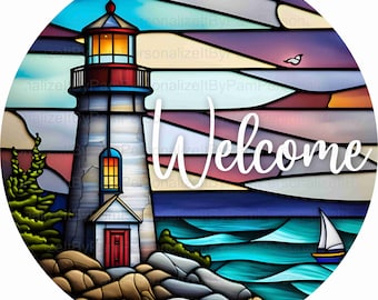 Round Faux Stained Glass Lighthouse Welcome Wreath Sign, Beach Metal Wreath Sign, Personalize it by Pam, Signs for Wreaths